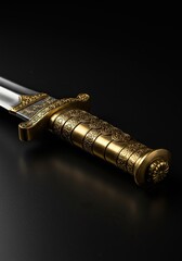 Ornate golden dagger resting on a dark surface, highlighting the intricate craftsmanship and luxurious material ,golden ,weapon ,rich