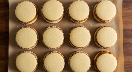 Overhead shot of dulce de leche-filled alfajores on parchment, warm and inviting tone.