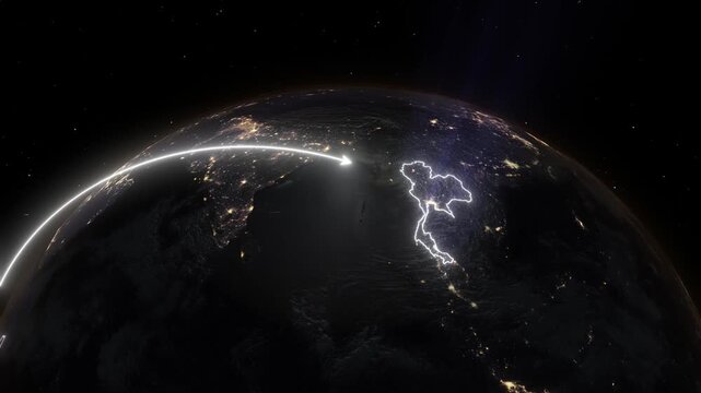 Realistic 3D Earth Night Flight Path Arc from Nairobi Kenya to Bangkok Thailand