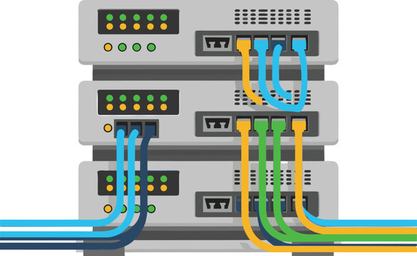 Network servers with connected cables, vector illustration.