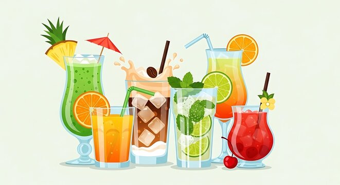 Assortment of Refreshing Summer Cocktails and Drinks with Fruits and Ice.