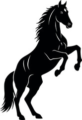 Powerful silhouette of a black horse rearing up on its hind legs with a flowing mane and tail