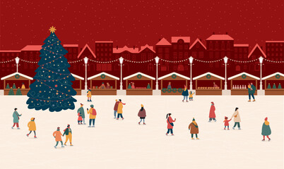 People Skating on Ice Rink with Christmas Tree and Festive Market