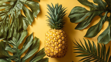 Obraz premium Pineapple surrounded by green tropical leaves on a yellow background