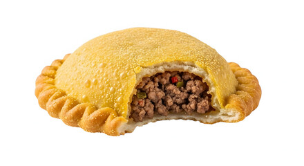 Delicious Beef Empanada with a Bite Taken Out on White Background.