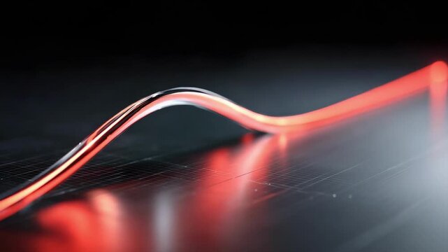 Close-up of a glowing red fiber optic strand bending over a dark, glossy surface.