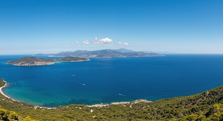 Panoramic view of a broad coastal bay area featuring deep blue water, rugged coastline, distant hills, and maritime activity ,hill ,destination ,scenic