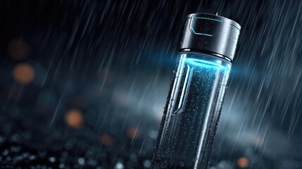 The Glowing hydration in Rain: A sleek, modern water bottle illuminated with a vibrant light, captured in the heart of a downpour, blending form and function with a futuristic aesthetic.