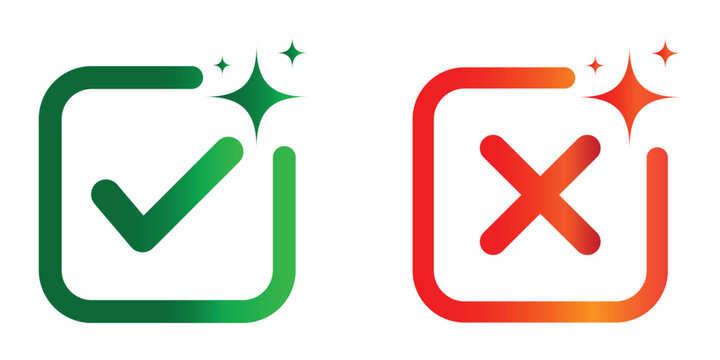 AI tick and cross icons representing right and wrong decisions, generative AI symbols for approval, rejection, accuracy, validation, UI design, machine learning, and digital interface concepts