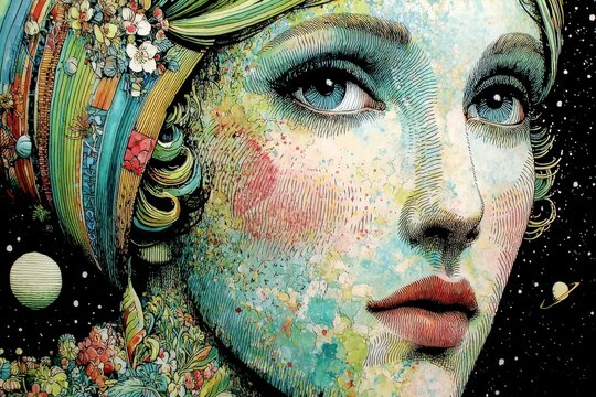 Artistic depiction of a woman's face surrounded by cosmic elements and floral designs in vibrant colors