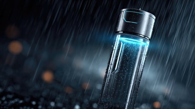 The Glowing hydration in Rain: A sleek, modern water bottle illuminated with a vibrant light, captured in the heart of a downpour, blending form and function with a futuristic aesthetic.