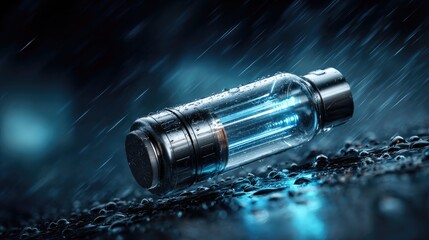 Eco-Friendly Hydration: A sleek, reusable water bottle, illuminated with a futuristic glow, sits amidst the refreshing coolness of a rain shower.