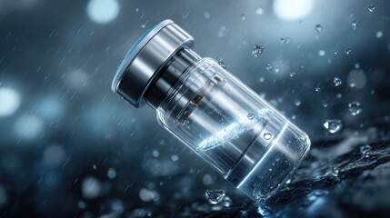 Technological Serum in Wet Environment: A sleek, modern vial containing a potent serum rests within a wet environment, droplets of water glistening around it.