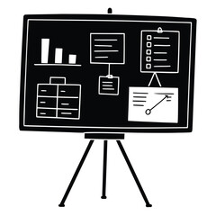 whiteboard with charts and sticky notes  meeting