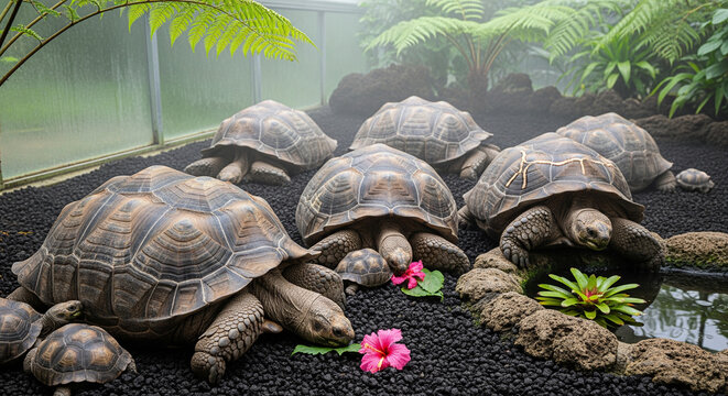 Giant Tortoises: Breeding and Conservation in Misty Habitat
A compelling photograph capturing a group of Giant Tortoises (likely Galapagos or Aldabra species) in a specialized