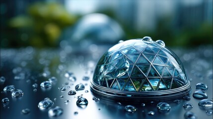 Water drop on glass Dome: a close-up image of a glass dome covered in water droplets, which sits on a wet surface, blurring the background. Evoking the interplay of light.