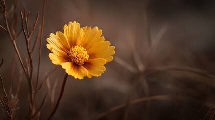 Bright yellow wildflower blooms vibrantly amidst muted, dark brown surroundings