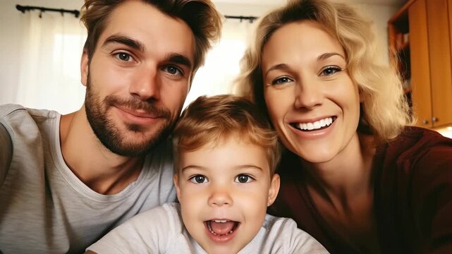 A joyful family selfie with a close-up angle, capturing smiles and warmth. Perfect for a video thumbnail showcasing happy family moments.