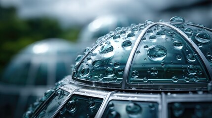 Rain-Kissed Dome: Water droplets cling delicately to the surface of a futuristic glass dome, reflecting the moody, overcast sky in a serene outdoor scene.