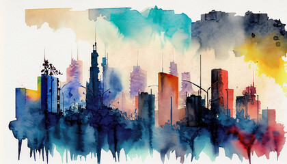  Abstract watercolor painting of a vibrant, colorful cityscape.