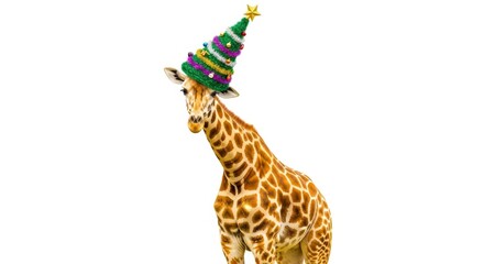 giraffe wearing a Christmas tree hat, holiday animal graphic, on a white background