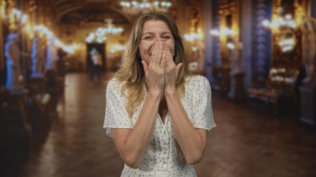 Woman laughing with hands covering mouth, polka dot dress and windblown hair in ornate museum building; spontaneity joy playfulness warmth.