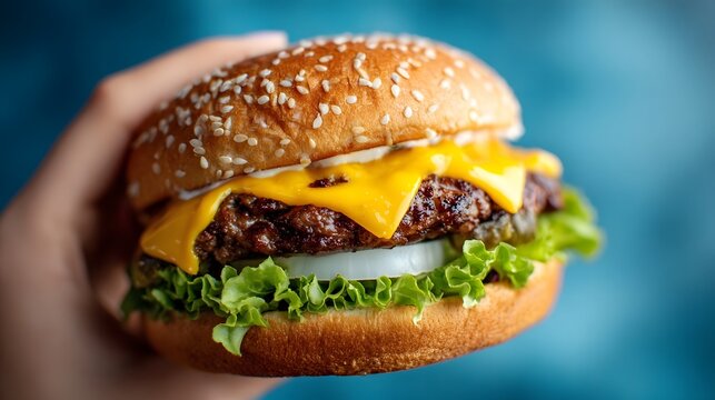 Close up view of a human hand presenting a fully dressed cheeseburger with fresh ingredients on a plain blue background illuminated by documentary lighting