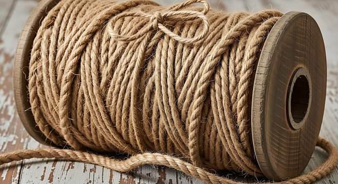 Rustic Wooden Spool with Natural Fiber Rope and a Simple Knot, on a Weathered Wooden Surface. - Powered by Adobe