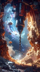A drill pierces reality, revealing cosmic space through a rocky tunnel