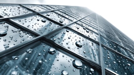 Cityscape Reflections: A captivating upward perspective of a modern skyscraper, its glass facade adorned with glistening raindrops, mirroring the urban environment around it. 