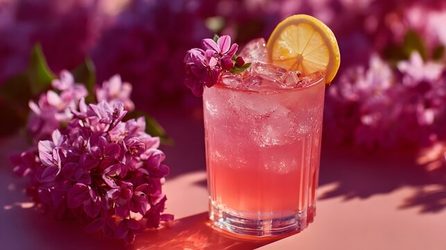 Close up view of a vibrant homemade pink lemonade with ice and a delicate floral garnish capturing the essence of summer refreshment with documentary style lighting