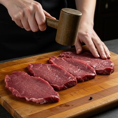 Pounding thin veal cutlets with a mallet on a cutting board, preparing them for a delicious culinary dish. Fresh protein source ,gourmet ,restaurant ,mallet
