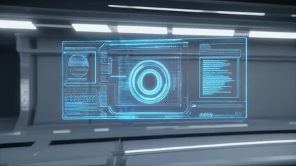 Transparent holographic user interface elements rotating in 3D space, glowing blue data visuals, minimal futuristic tech style, depth of field, seamless loop, used for corporate or tech presentations. - Powered by Adobe