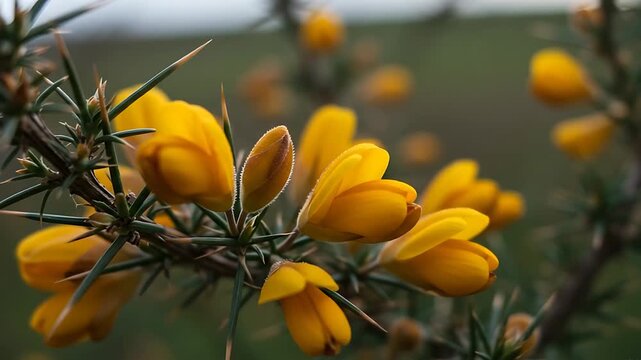 Captivating Close-Up of Gorse Shrub Flowers, Highlighting Their Vibrant Yellow Petals and Sharp