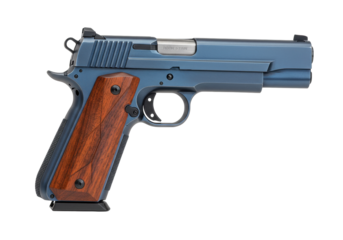 Isolated blue steel 1911 handgun with wooden grips and extended magazine on clean backdrop