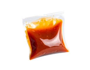 sealed plastic sauce packet filled with red chili sauce, transparent sachet showing viscous liquid and seeds, takeout condiment pack, on isolated background
