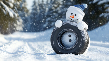 snowman with blue hat leaning on tire in winter forest, concept for auto preparations for cold season and winter tires