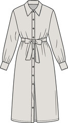 Shirt dress technical fashion sketch, long sleeves with button cuffs, pointed collar, button-down front, tie waist, garment construction vector illustration