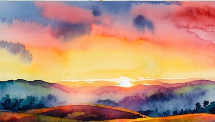 Watercolor Sunset Over Distant Mountains and Rolling Hills