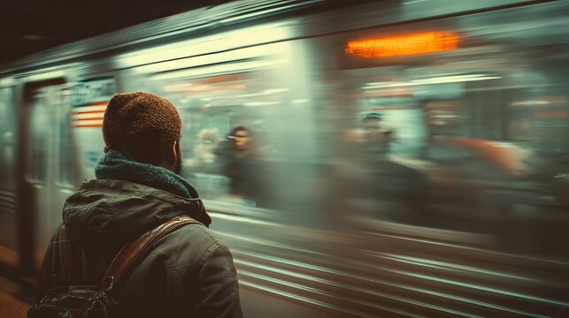 A lone figure stands on a dimly lit subway platform facing an approaching blurred train signaling rapid movement through the urban underground transportation network