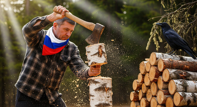 Man Chopping Wood: Rustic Strength and Forest Companion
A strong, middle-aged man in a dark plaid flannel shirt is intensely focused on splitting a log of birch wood