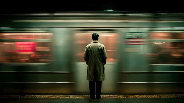 A lone commuter s silhouette is highlighted by the intense headlight of a speeding subway train on a dark urban platform capturing the dynamic energy of city transit - Powered by Adobe