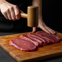Pounding thin veal cutlets with a mallet on a cutting board, preparing them for a delicious culinary dish. Fresh protein source ,uncooked meat ,tenderizing ,recipe