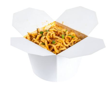 white paper takeout box filled with saucy noodles and vegetables, open flaps with orange seasoning stains, fast food container, on isolated background