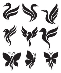 Fototapeta premium Elegant Bird and Butterfly Silhouette Logo Collection in Black Vector.