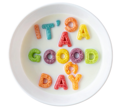 Playful Hand Arranging Alphabet Cereal Letters in Milk Bowl Spelling “It’s a Good Day,” Minimalist Flat Lay, Isolated on Transparent Background PNG - Powered by Adobe