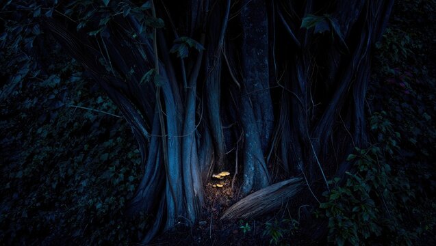 Mysterious tree trunk with glowing mushrooms in a dark forest at night