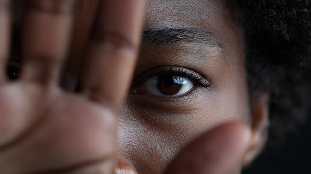 Closeup of young black woman with hand raised in front of face, concept for privacy, boundaries, and personal space