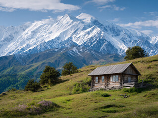 Rustic wooden cabin sits on a sunny green slope in an alpine valley, backed by a dramatic snow-capped mountain range and a striking glacier under a clear blue sky.