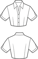 Cropped shirt technical fashion sketch, pointed collar, button-down front, short sleeves with cuffs, vertical seams, front and back views, garment construction vector illustration